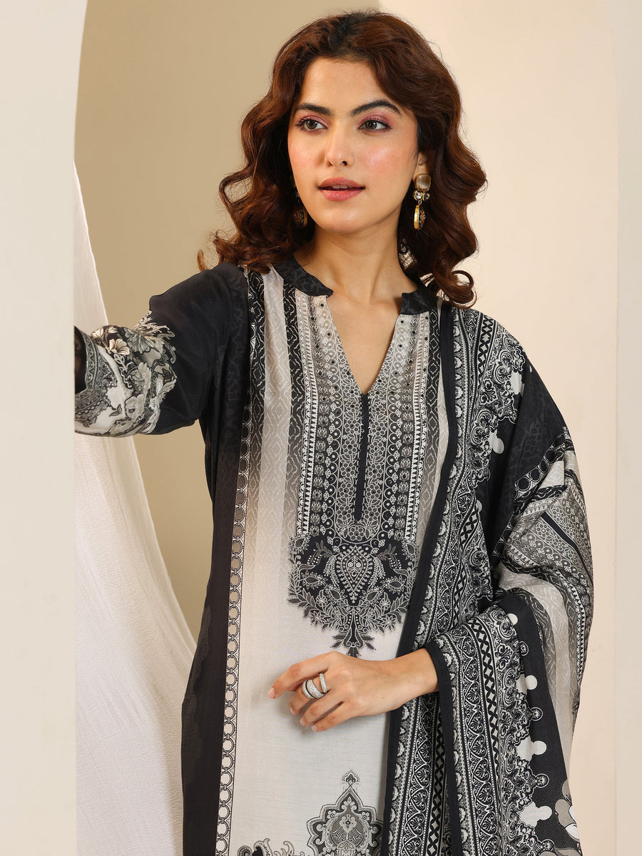 Libas Black Floral Printed Cotton Blend Straight Suit Set With Dupatta (लिबास फ्लोरल प्रिंटेड कॉटन-ब्लेंड स्ट्रेट सूट सेट)