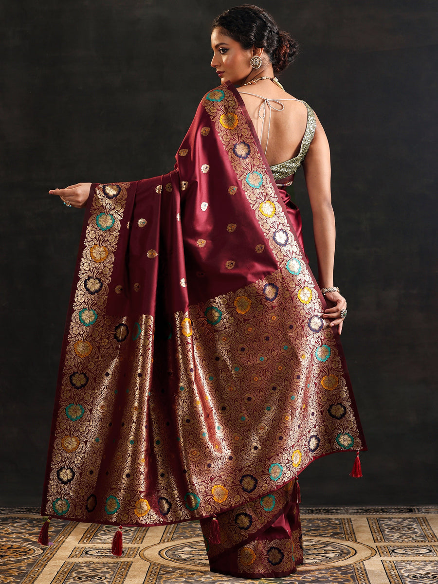 Libas Maroon Woven Design Silk Blend Saree With Unstitched Blouse Piece (लिबास मरून सिल्क-ब्लेंड साडी)