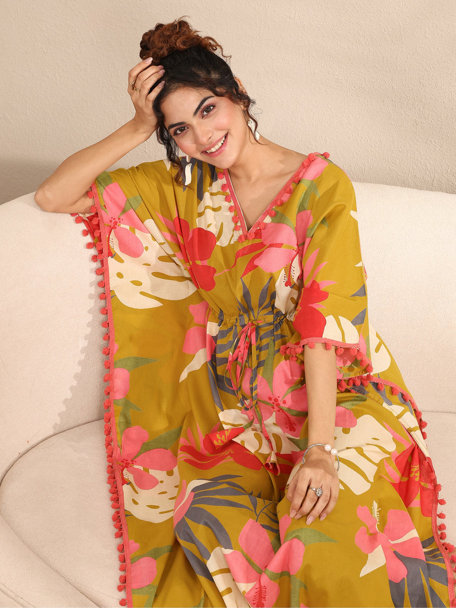 Libas Mustard Floral Printed Cotton Kaftan Night Dress (लिबास फ्लोरल प्रिंट काफ्तान नाईट ड्रेस)
