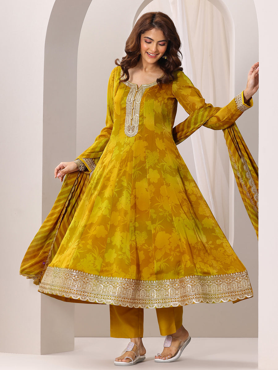 Libas Mustard Printed Silk Chiffon Anarkali Suit Set With Dupatta (लिबास प्रिंटेड सिल्क शिफॉन अनारकली सूट सेट)