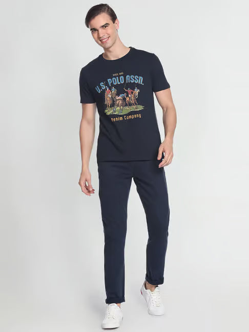 U.S. Polo Assn. Navy Blue Cotton Slim Fit Printed T-Shirt (यू.एस. पोलो नेव्ही ब्लू कॉटन स्लिम फिट प्रिंटेड टी-शर्ट)