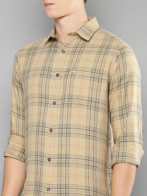 Allen Cooper Beige Regular Fit Check Cotton Shirt (ॲलन कूपर बेज रेग्युलर फिट चेक कॉटन शर्ट)