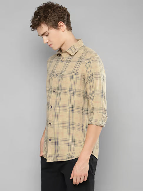 Allen Cooper Beige Regular Fit Check Cotton Shirt (ॲलन कूपर बेज रेग्युलर फिट चेक कॉटन शर्ट)