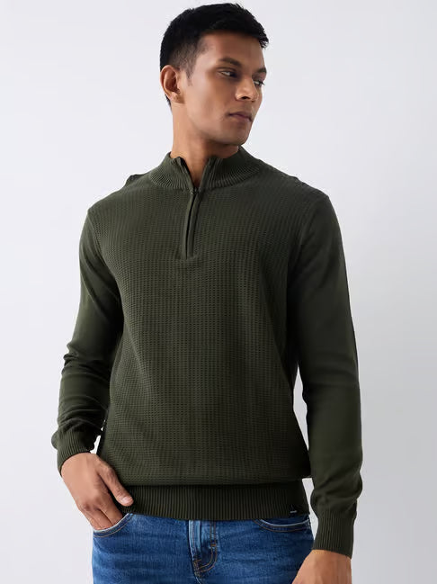 Spykar Green Cotton Regular Fit Sweater (स्पायकर रेग्युलर फिट स्वेटर)
