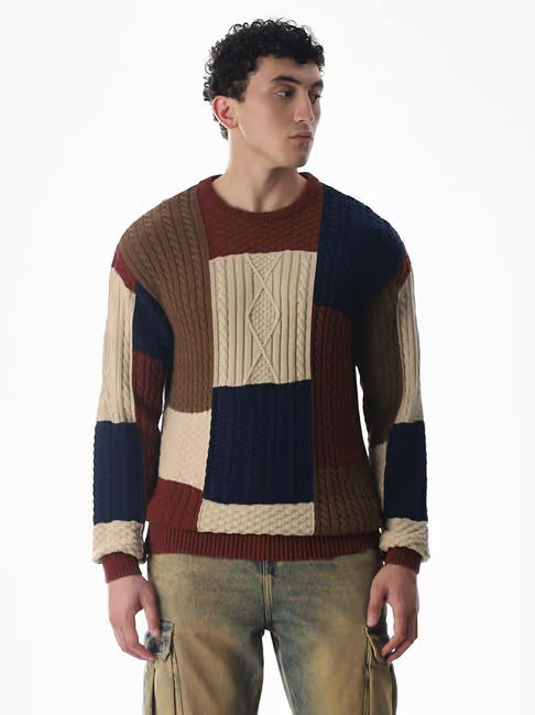 Jack & Jones Cotton Oversized Color-Block Sweater (जॅक अँड जोन्स ओव्हरसाईज्ड कलर-ब्लॉक स्वेटर)