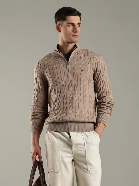 Tommy Hilfiger Beige Cotton Regular Fit Self Pattern Sweater (टॉमी हिलफिगर कॉटन रेग्युलर फिट सेल्फ पॅटर्न स्वेटर)