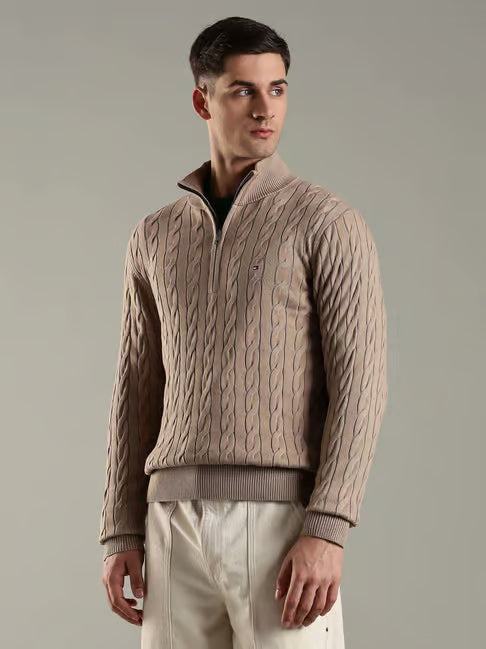 Tommy Hilfiger Beige Cotton Regular Fit Self Pattern Sweater (टॉमी हिलफिगर कॉटन रेग्युलर फिट सेल्फ पॅटर्न स्वेटर)