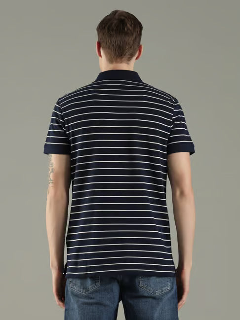 Tommy Hilfiger Navy Striped Regular Fit Polo T-Shirt (टॉमी हिलफिगर नेव्ही स्ट्राइप्ड रेग्युलर फिट पोलो टी-शर्ट)