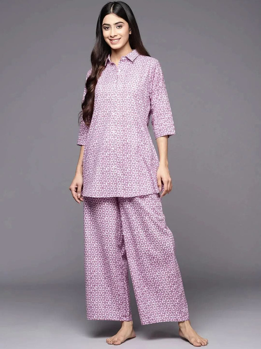 Libas Lavender Printed Cotton Night Suit (लिबास लॅव्हेंडर प्रिंटेड कॉटन नाईट सूट)