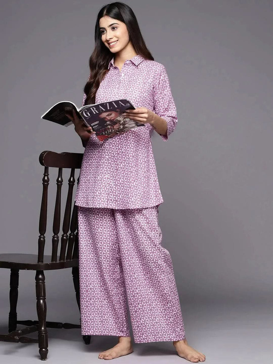 Libas Lavender Printed Cotton Night Suit (लिबास लॅव्हेंडर प्रिंटेड कॉटन नाईट सूट)