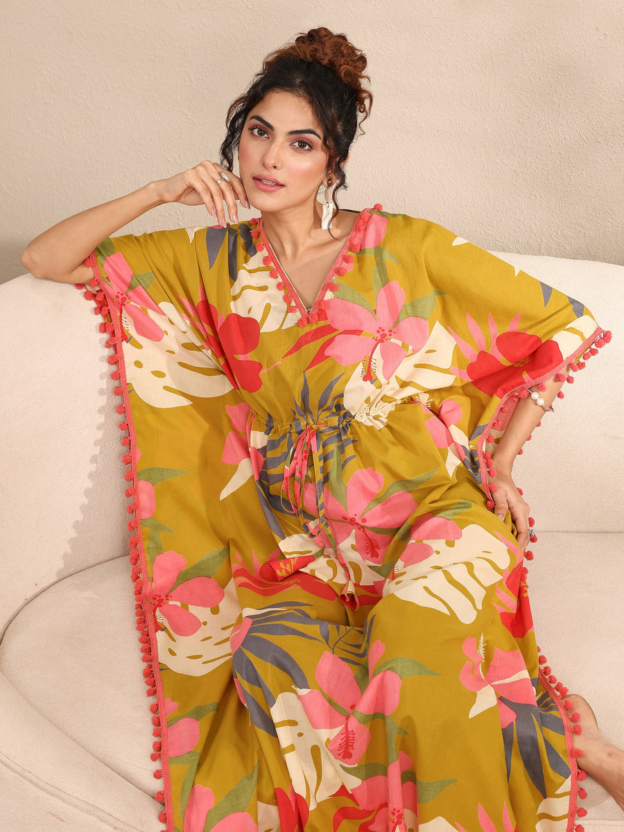 Libas Mustard Floral Printed Cotton Kaftan Night Dress (लिबास फ्लोरल प्रिंट काफ्तान नाईट ड्रेस)