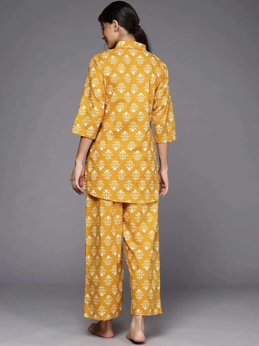 Libas Mustard Printed Cotton A-Line Kurta With Palazzos (लिबास प्रिंटेड कुर्ता आणि पलाझो)