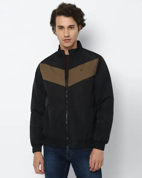 ALLEN SOLLY Colourblock Zip-Front Biker Jacket